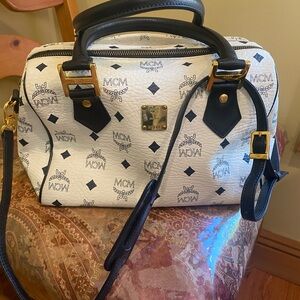 MCM White and Navy Satchel with Structured Shape and Gold Hardware